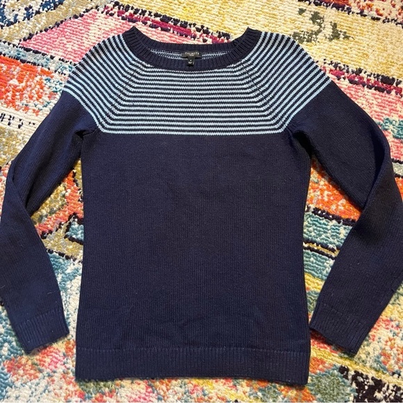 Talbots Sweater Top Women petite Navy Blue Lambswool Striped Long Sleeve Classic - Picture 1 of 6